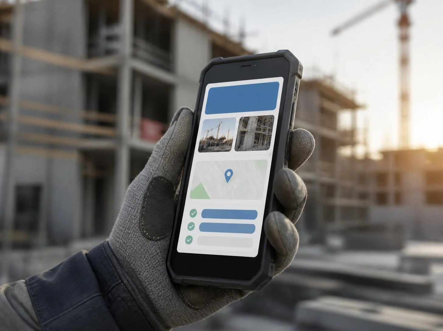 Hand im Arbeitshandschuh hält ein robustes Smartphone mit Baustellen-App vor einem Rohbau