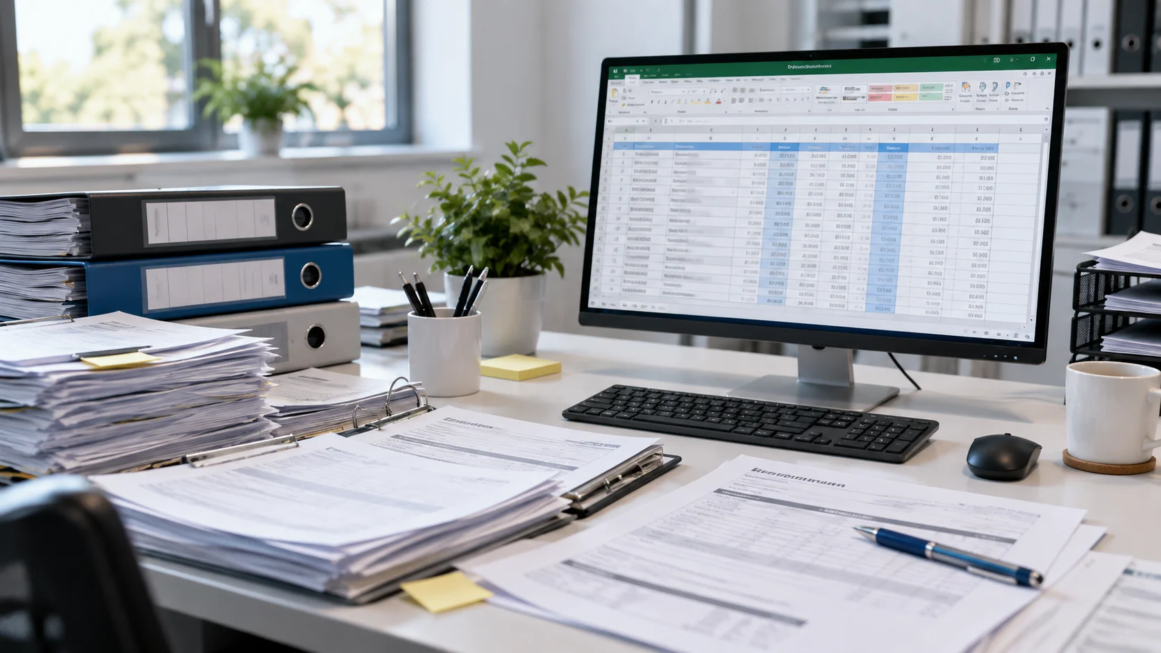 Manuelle Prozesse mit Papier und Excel Büroarbeitsplatz mit Aktenordnern, ausgedruckten Formularen und einer Excel-Liste am Bildschirm