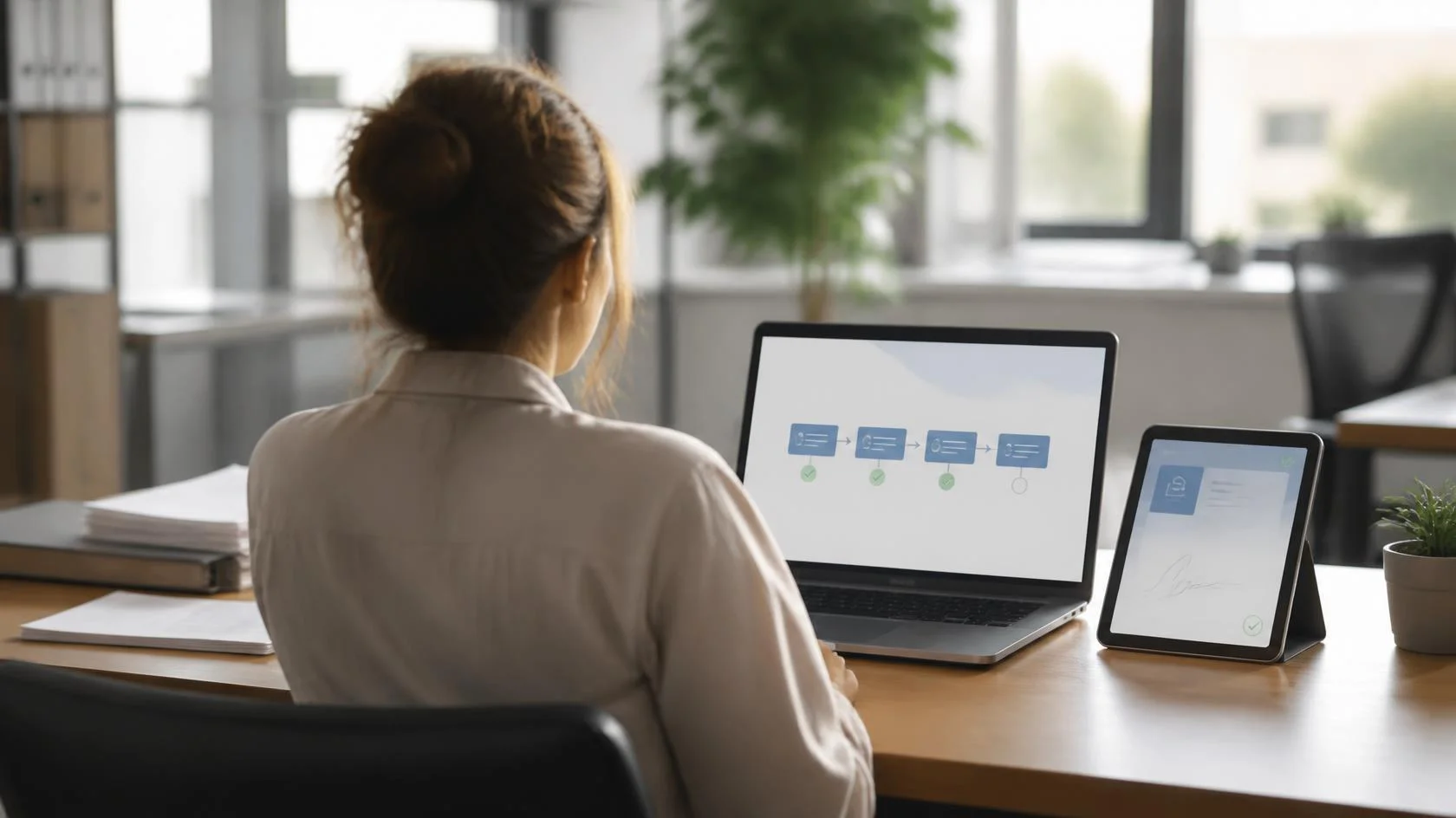 Mitarbeiterin im Büro mit Laptop und Tablet, auf denen ein digitaler Freigabe-Workflow läuft Mitarbeiterin im Büro mit Laptop und Tablet, auf denen ein digitaler Freigabe-Workflow läuft