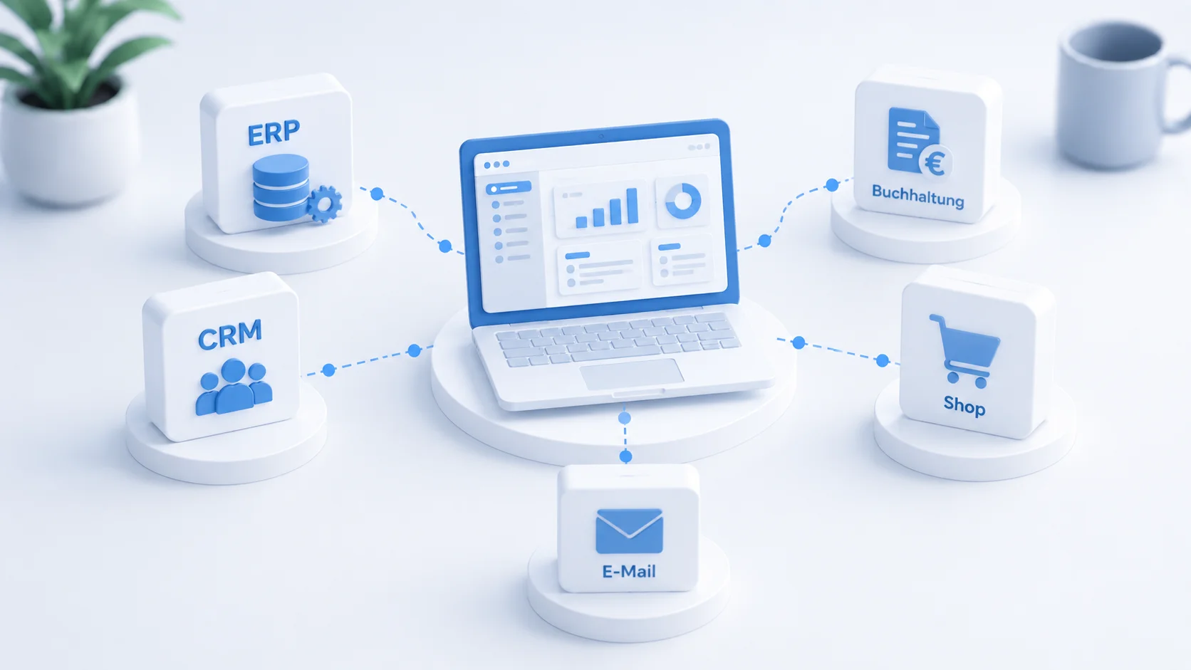 Systemintegration über Schnittstellen Zentrale Webanwendung auf einem Laptop, verbunden mit ERP, CRM, Buchhaltung, Shop und E-Mail