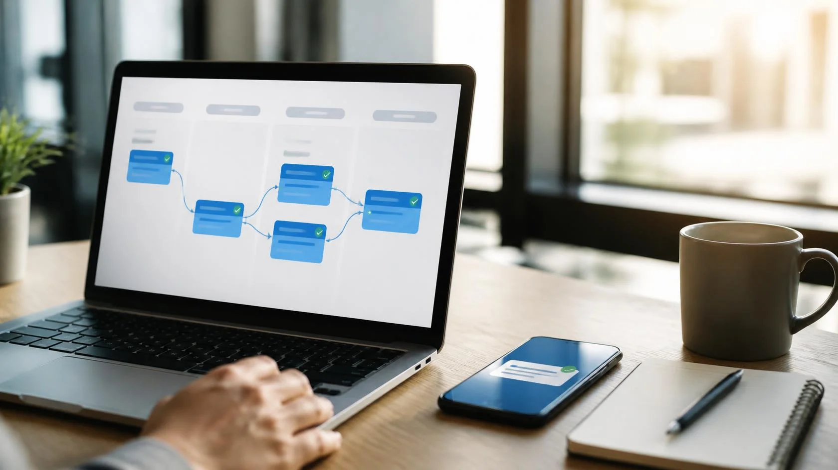 Laptop mit Workflow-Board und Smartphone mit Benachrichtigung auf einem Bürotisch