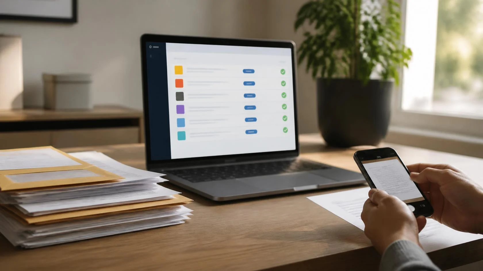 Stapel Eingangsrechnungen, Laptop mit sortiertem Posteingang und Smartphone beim Scannen Stapel Eingangsrechnungen, Laptop mit sortiertem Posteingang und Smartphone beim Scannen