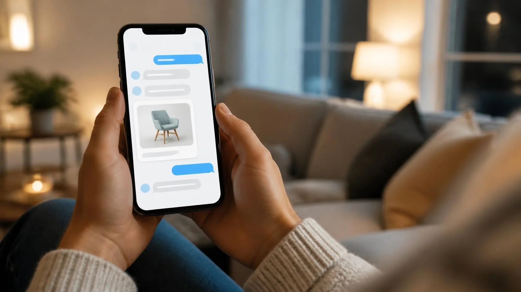 Hände halten ein Smartphone mit Chatverlauf in einem gemütlichen Wohnzimmer Hände halten ein Smartphone mit Chatverlauf in einem gemütlichen Wohnzimmer