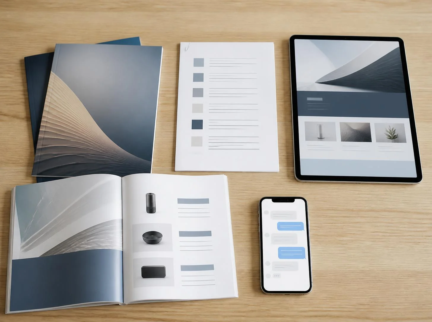 Wissensquellen für den Chatbot Handbücher, Broschüren, Tablet mit Website und Smartphone mit Chat auf einem Holztisch