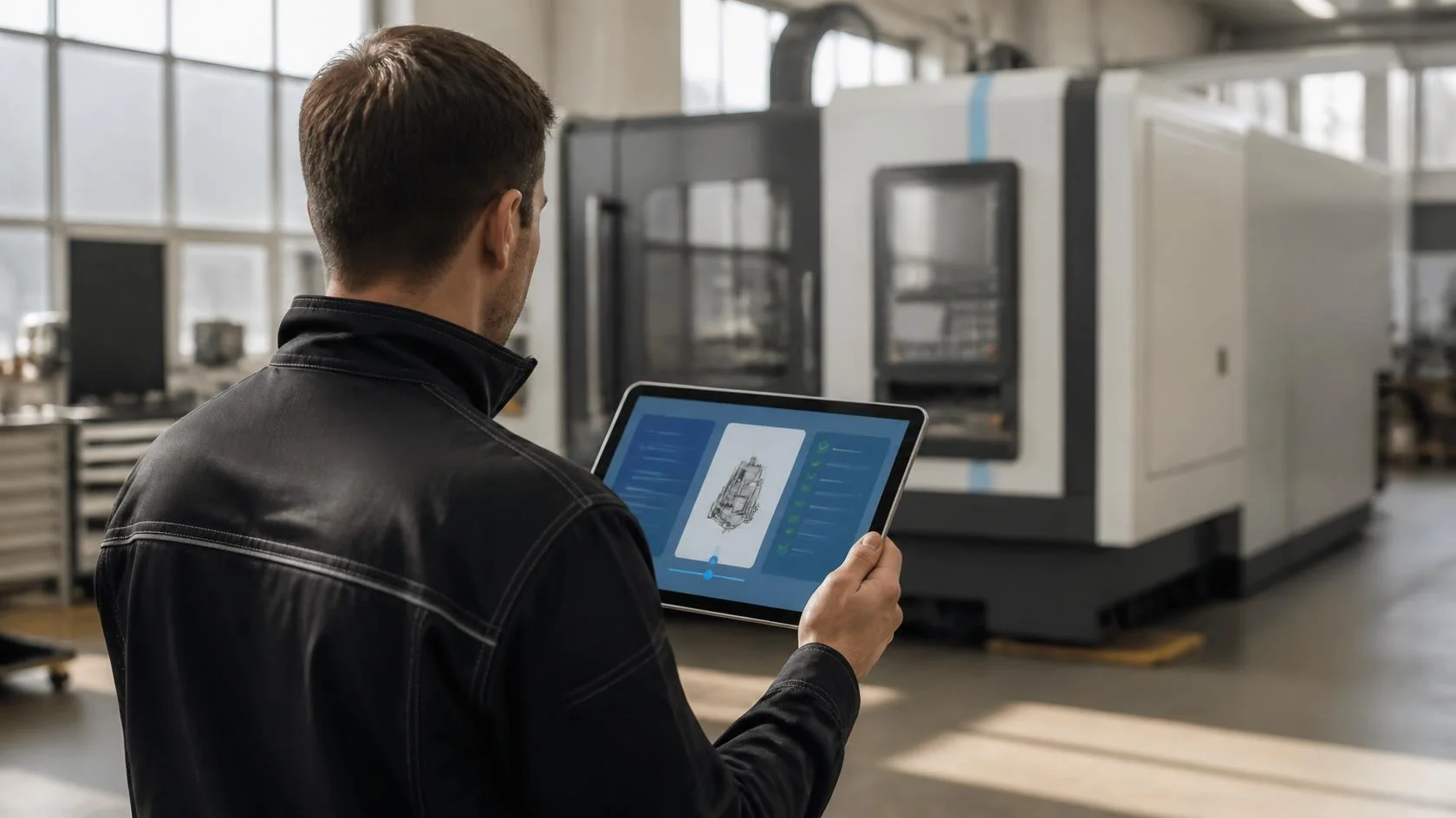 Servicetechniker mit Tablet vor einer Industriemaschine in der Werkhalle