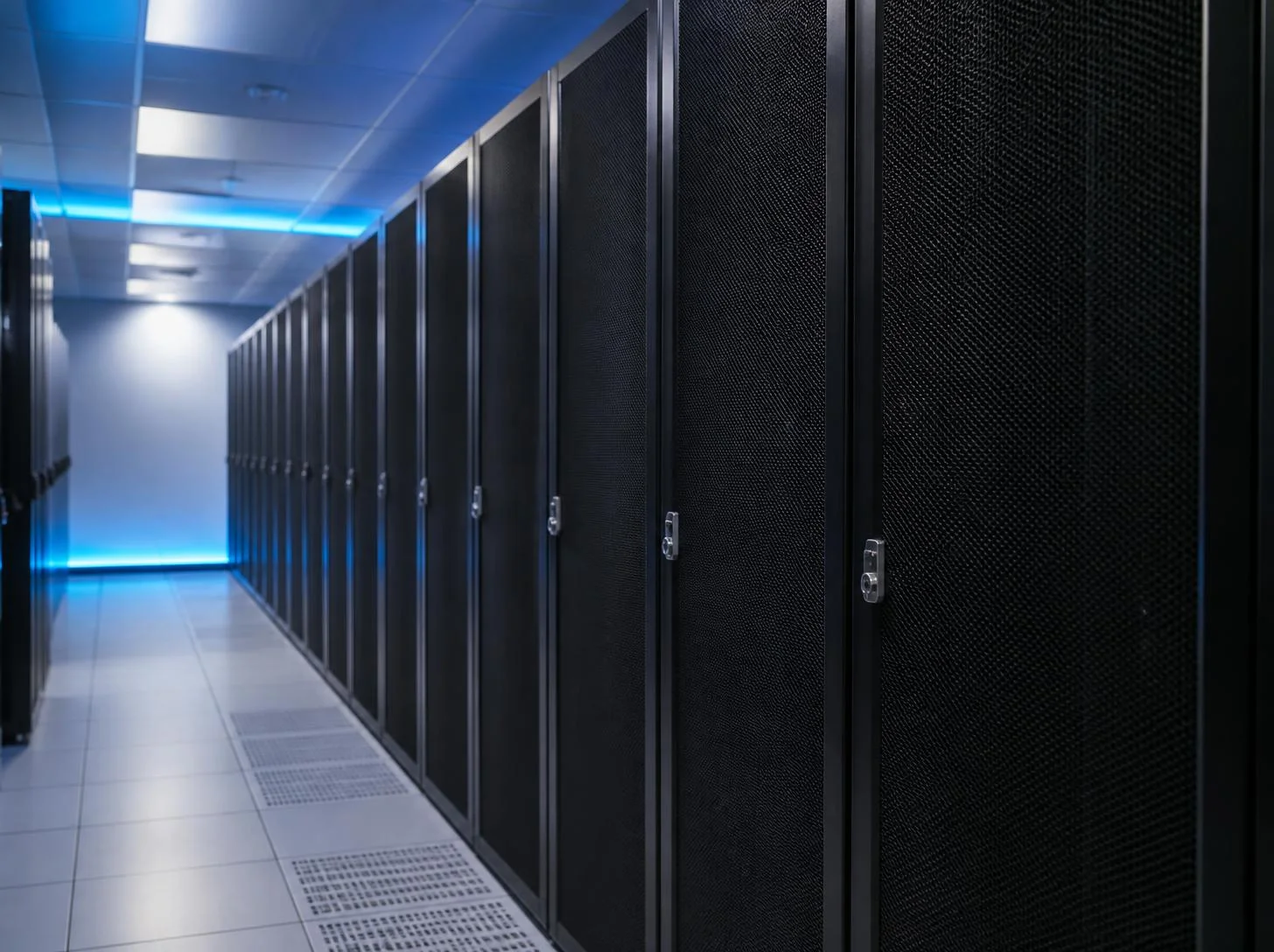 Gang in einem Serverraum mit geschlossenen Serverschränken