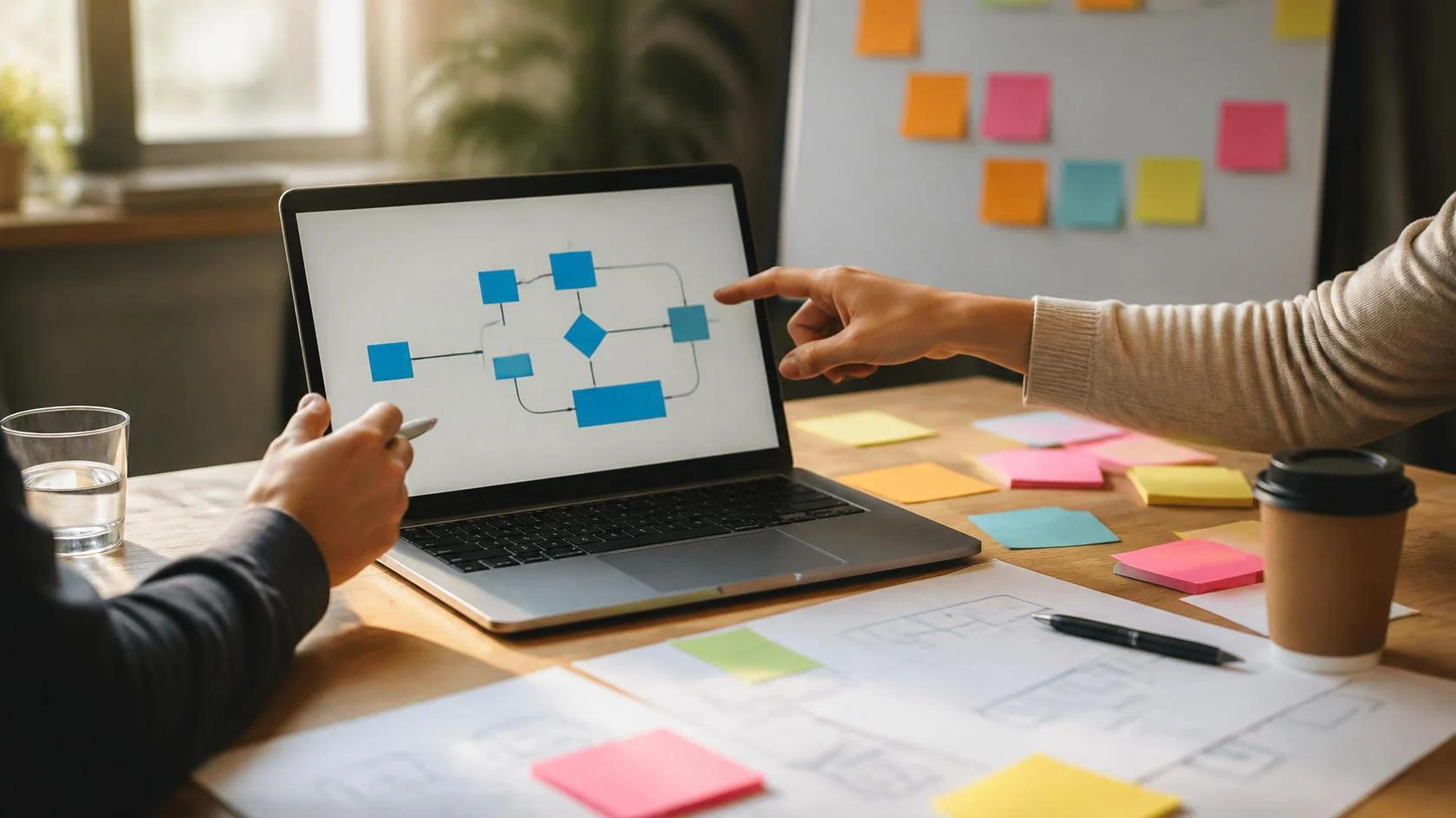Workshop mit Prozesslandkarte auf dem Laptop, Haftnotizen und Prozessskizzen