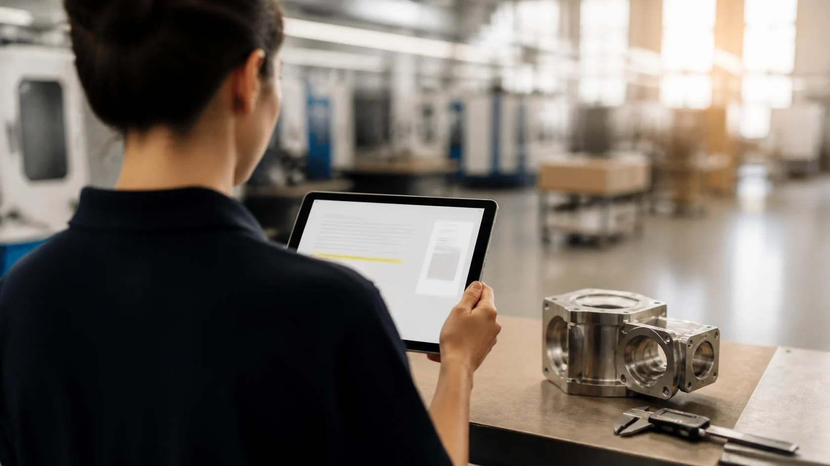 Prüferin mit Tablet und Dokumentansicht an einer Werkbank mit Bauteil und Messschieber
