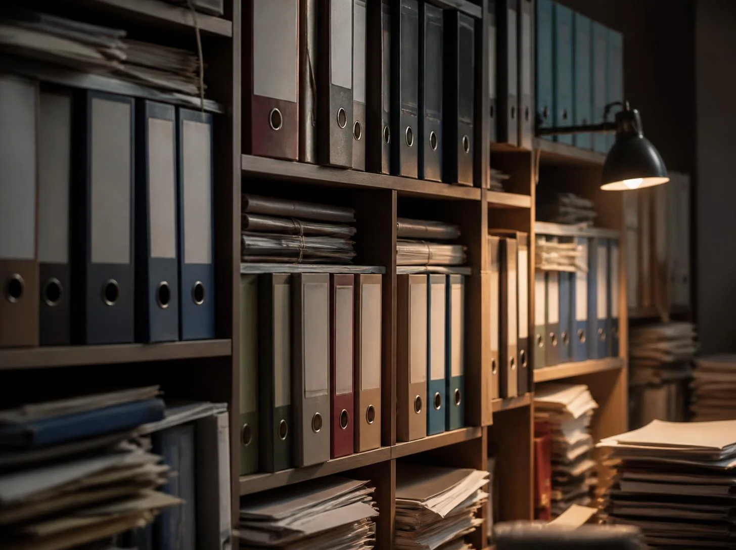 Volles Archivregal mit Ordnern und losen Papierstapeln