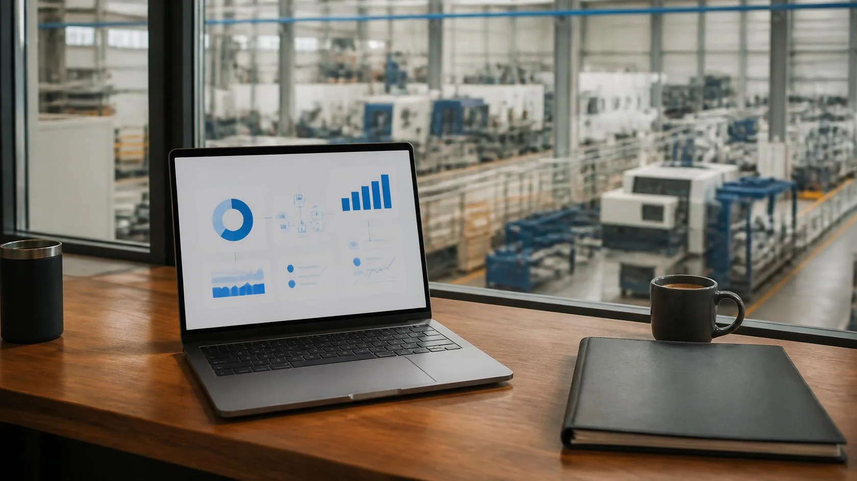 Laptop mit Unternehmens-Dashboard am Fenster mit Blick in die Produktionshalle