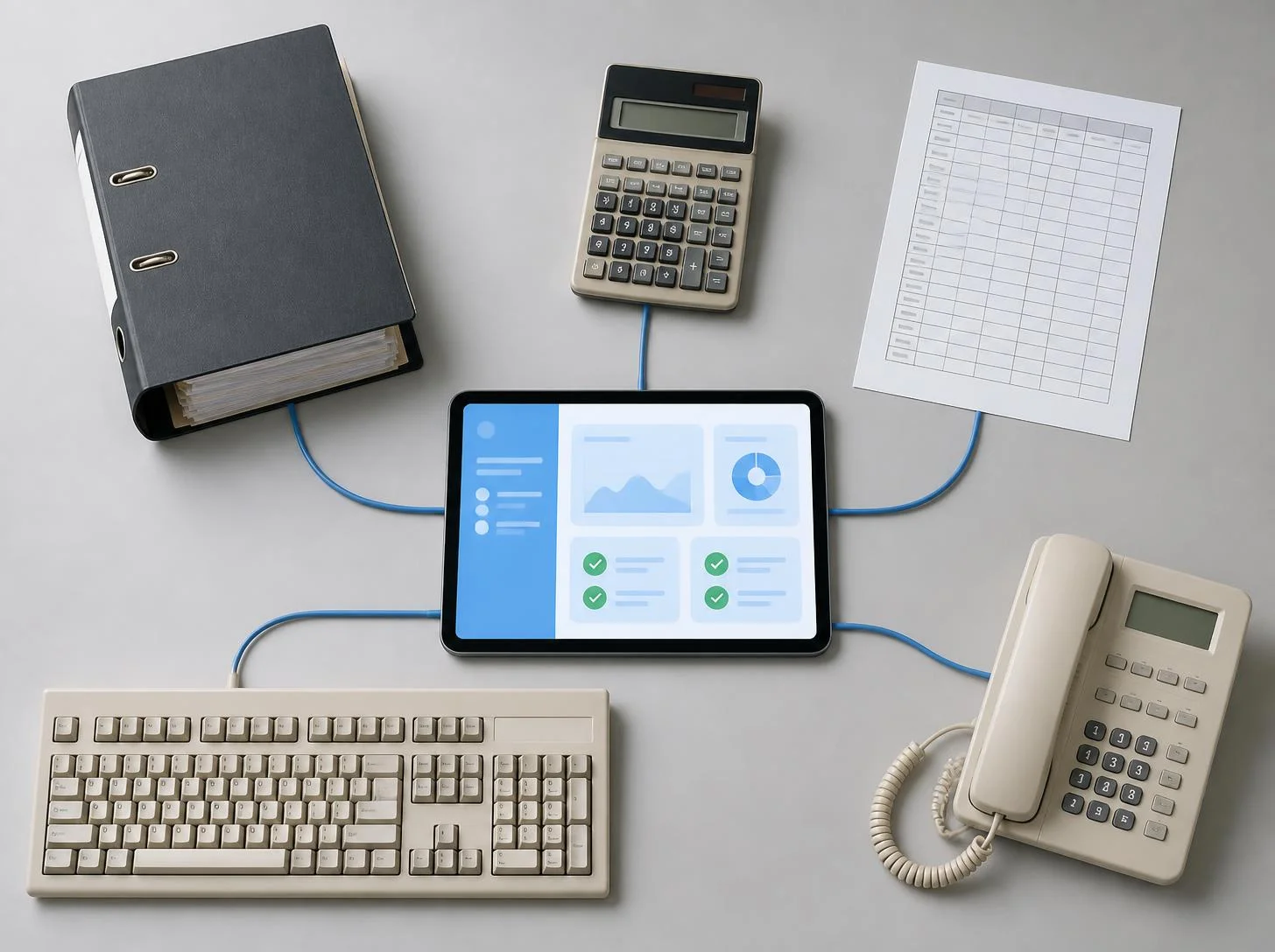 Ordner, Taschenrechner, Tabelle, Tastatur und Telefon, alle per Kabel mit einem Tablet in der Mitte verbunden