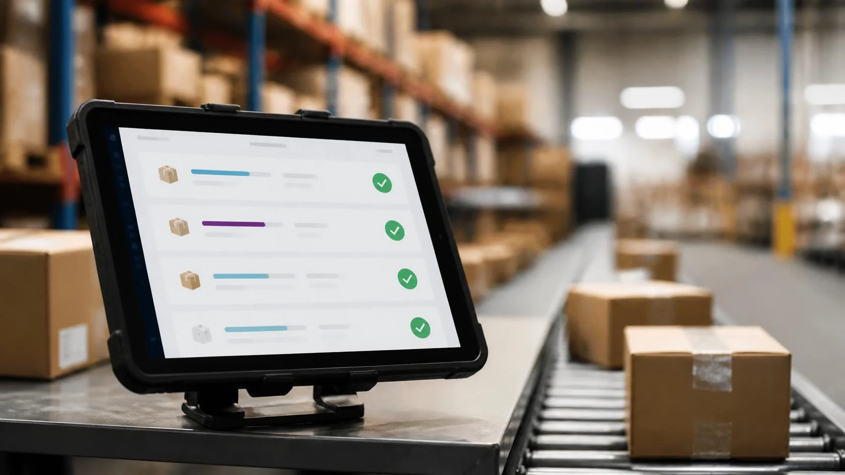 Tablet mit Auftragsübersicht an einer Packstation im Lager, Pakete auf dem Förderband