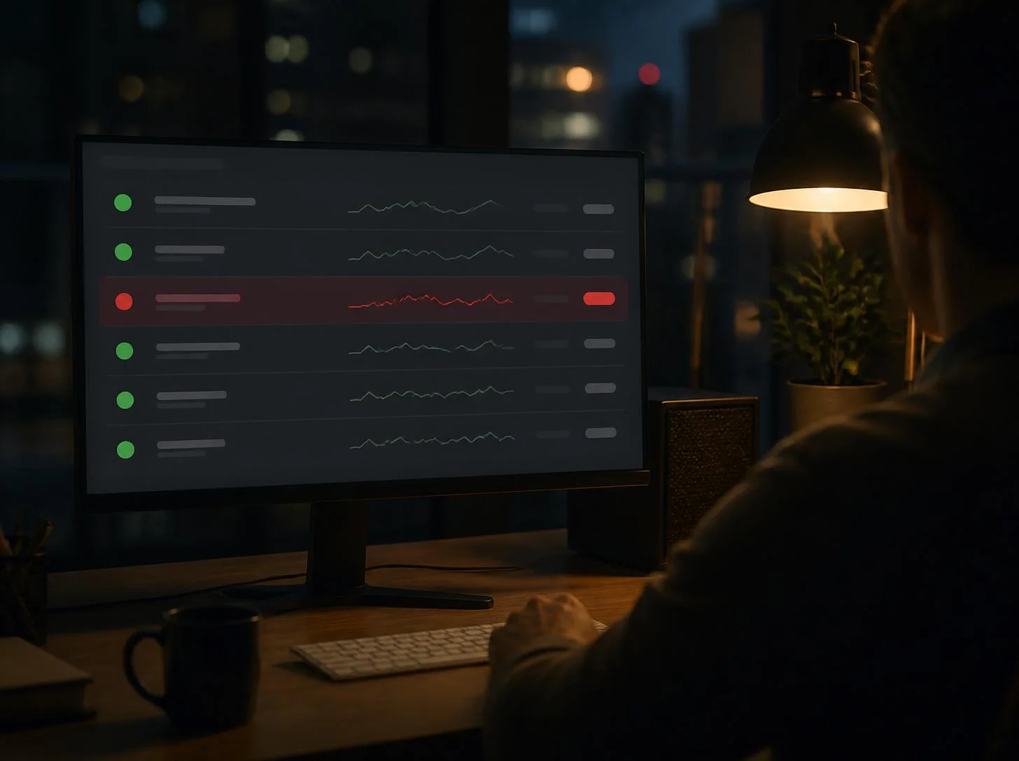 Monitor mit Übersicht der Automatisierungsläufe, ein fehlgeschlagener Lauf rot markiert