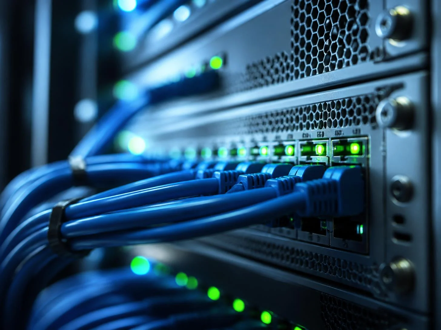 Blaue Netzwerkkabel an einem Server mit grünen Statusleuchten