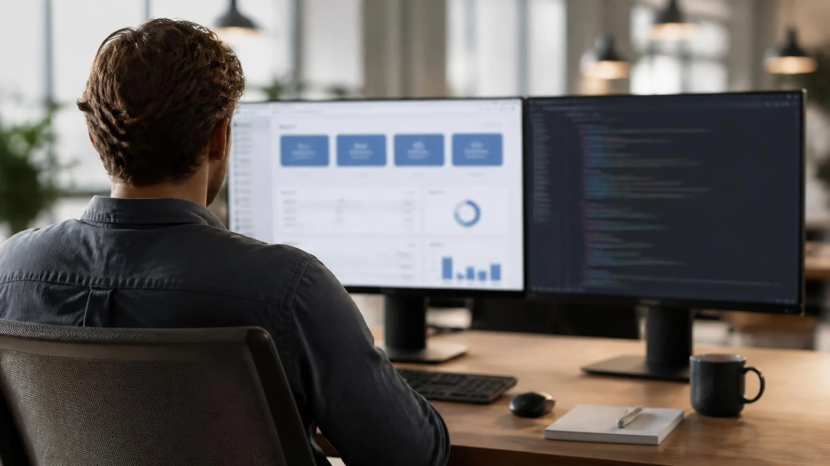 Entwickler vor zwei Monitoren mit Webanwendung und Quellcode Entwickler vor zwei Monitoren mit Webanwendung und Quellcode