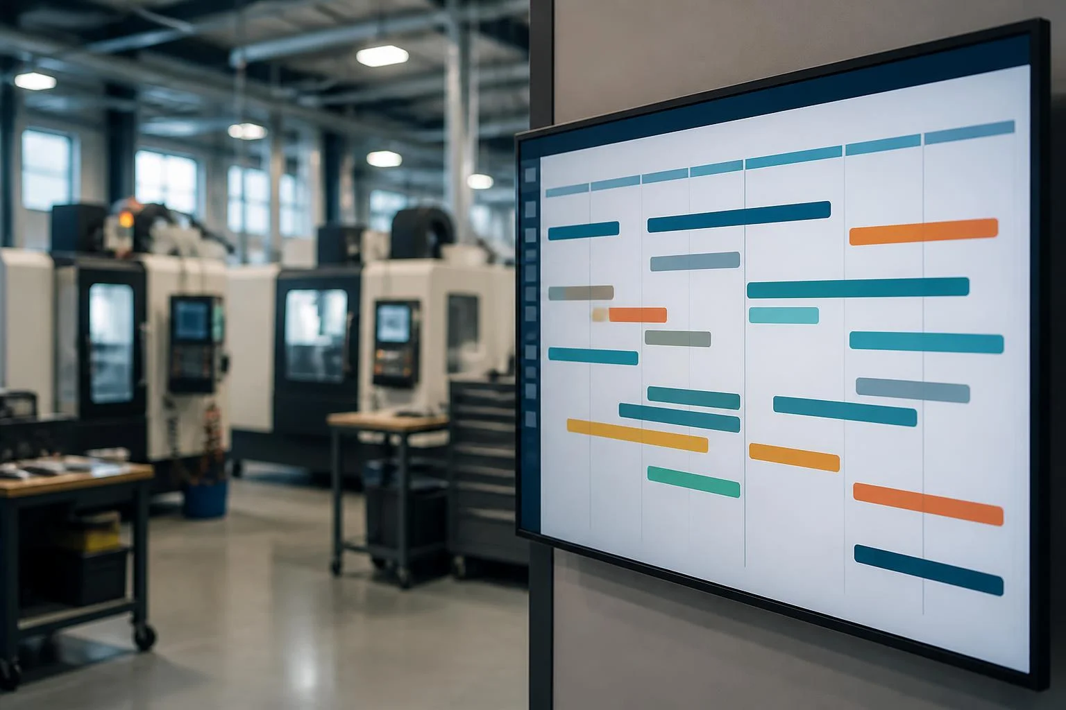 Auftrags- und Kapazitätsplanung Planungstafel mit farbigen Auftragsbalken an der Wand einer CNC-Halle