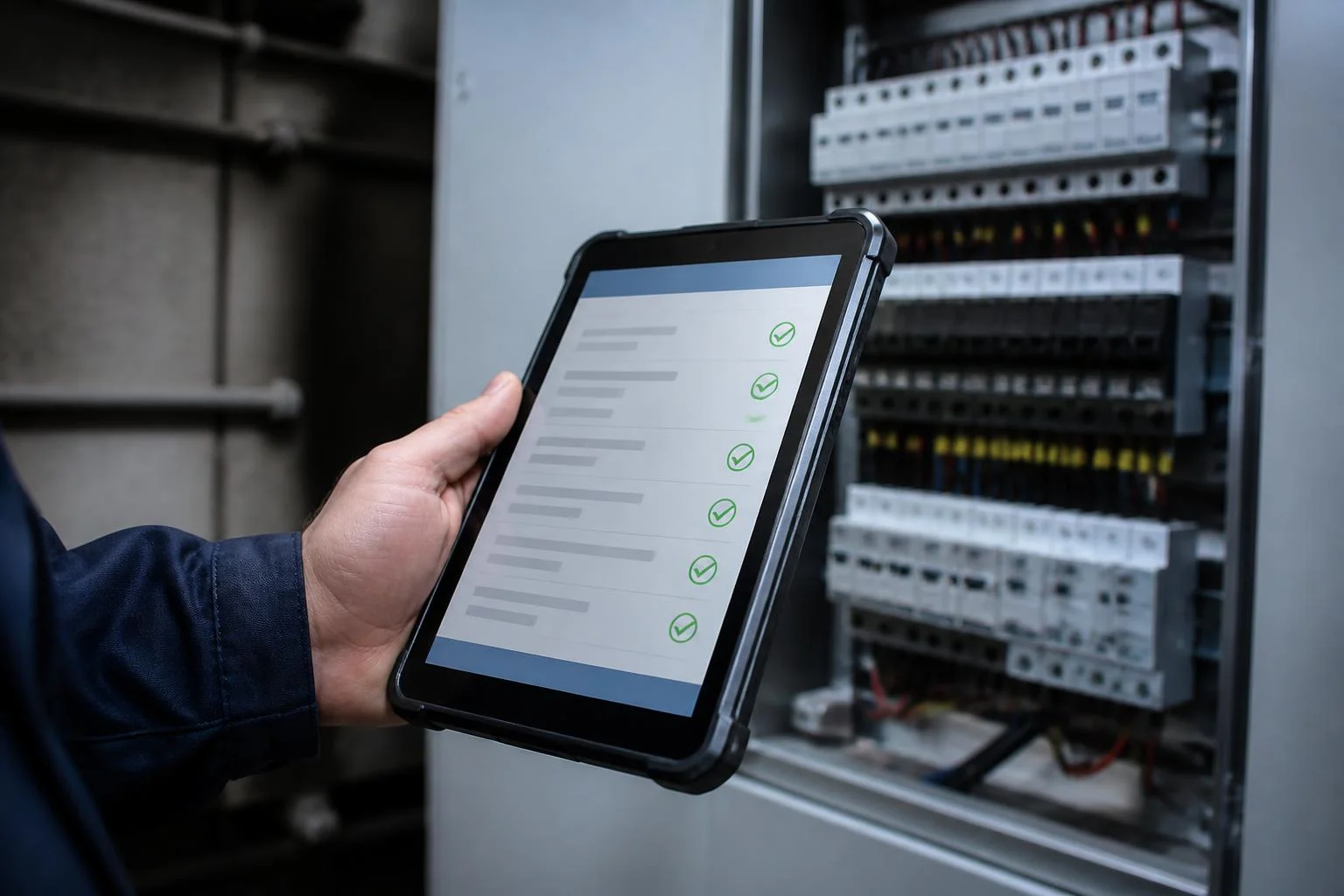 Prüfberichte verwalten Tablet mit Prüfcheckliste vor einem offenen Schaltschrank